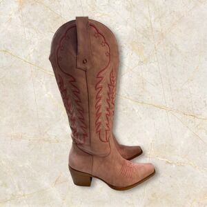 WETKISS Pink Suede Embroidered Cowboy Boots Western Square Toe Block Heel 8.5